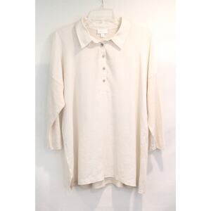 J Jill Love Linen Top Women Oversize M Beige 1/4 Button Tunic Quiet Luxury Beach